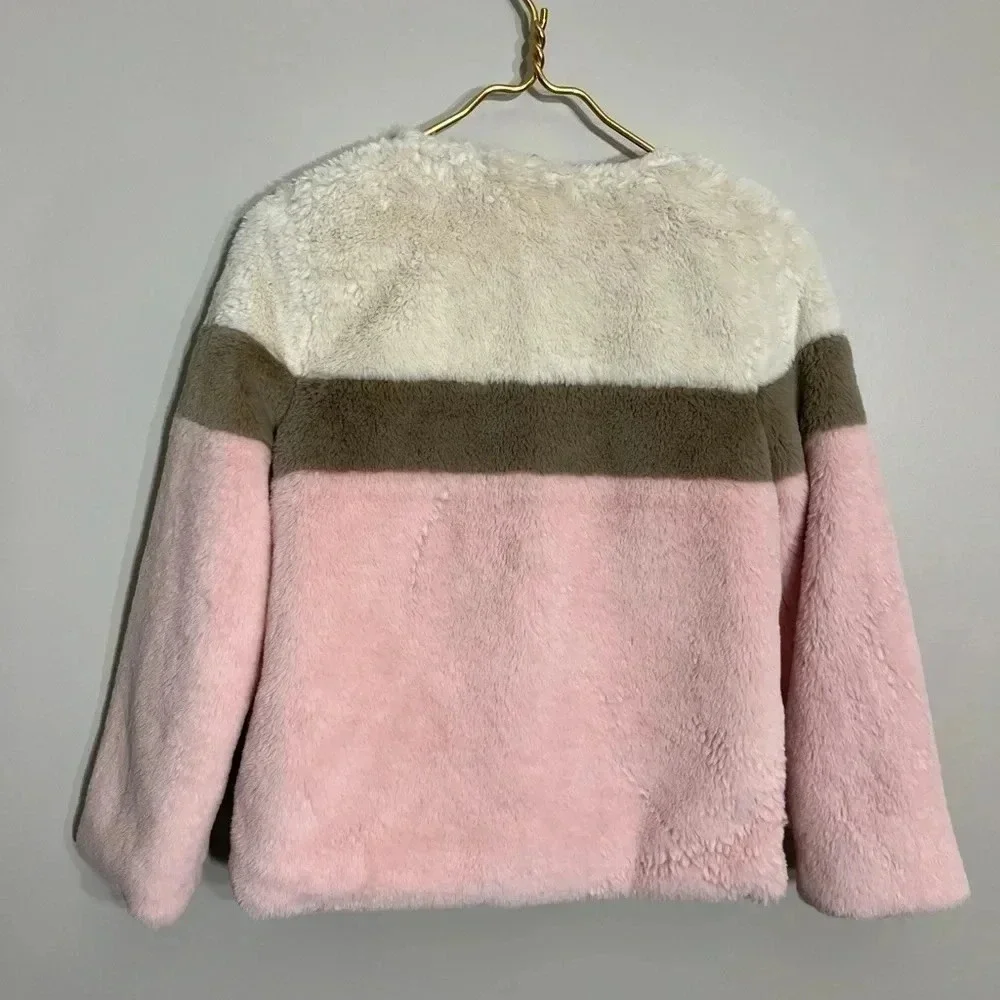 Cat & Jack Girls Faux Fur Colorblock‎ Jacket Pink Cream Brown Size L 10/12